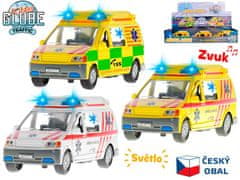 Kids Globe Otroški globus Traffic Ambulance 14 cm kovinski reverzni baterijski pogon češki dizajn svetloba in zvok