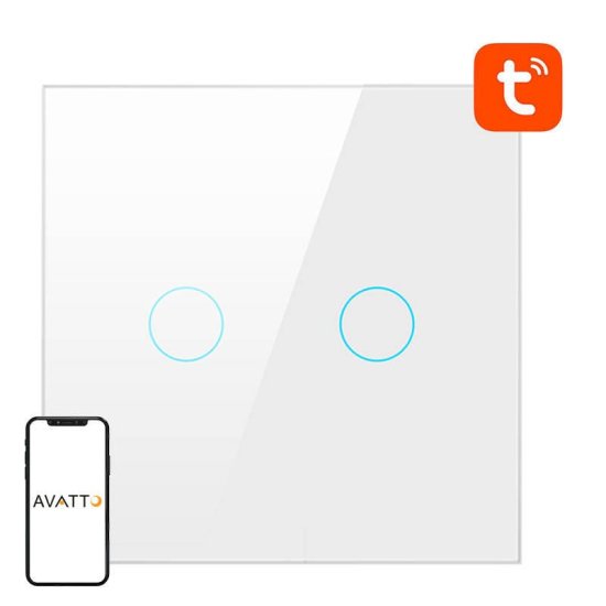 Avatto Pametno stekleno LED WiFi stikalo touch TUYA 2-kanalno belo Alexa Google Assistant