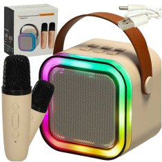 WOWO Karaoke set 2 mikrofona + prenosni zvočnik BLUETOOTH USB LED bež