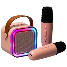 WOWO Karaoke set 2 mikrofona + prenosni zvočnik BLUETOOTH USB LED roza