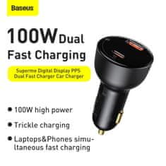 BASEUS avto polnilnik Superme, USB, USB-C, 100W (črn)