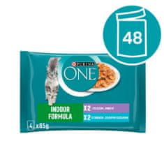 Purina ONE Indor vrečke za mačke, mini fileji s tuno in stročjim fižolom ter s teletino in korenjem v soku, 48 x 85 g