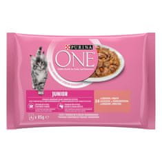 Purina ONE Junior mini vrečke za mačke, mini fileji z lososom in korenjem v soku, 48 x 85 g