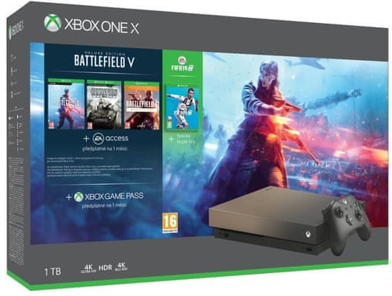 Microsoft igralna konzola Xbox One X, 1TB, črna - Gold Rush Special Edition+igre Battlefield V: Deluxe Edition + Battlefield 1943 + FIFA 19 + BF 1 Revolution