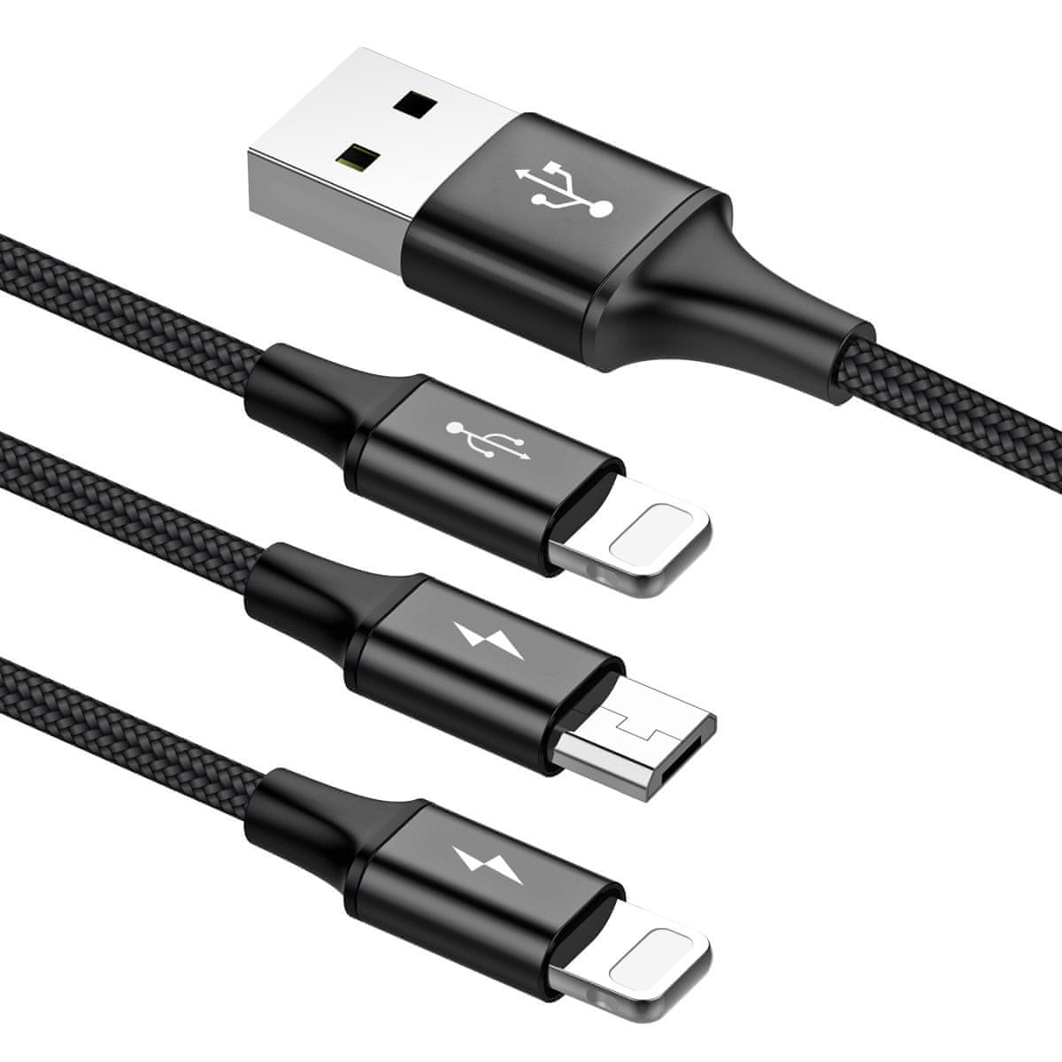 Baseus Rapid 3v1 napajalni kabel za microUSB, Lightning (2×) 3A/1,2m črn CAMLL-SU01