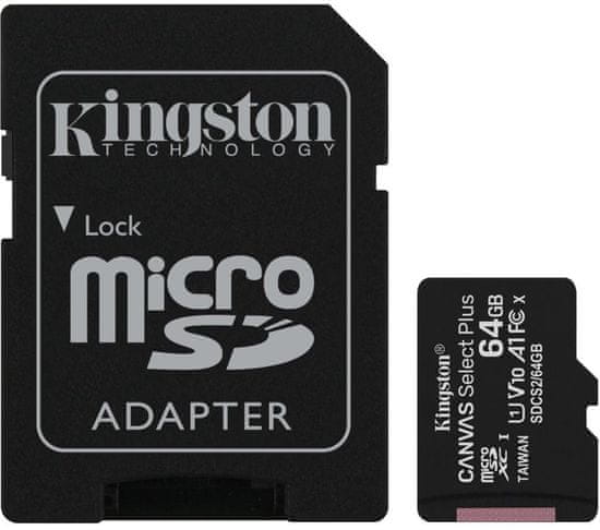 Kingston SDXC Canvas Select Plus Micro pomnilniška kartica, 64 GB 100 MB/s, C10, UHS-I, adapter