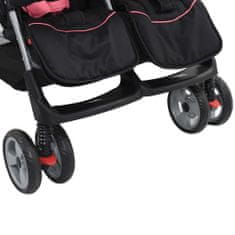 Vidaxl Dvojni otroški voziček jeklen roza in črn