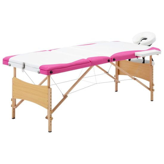 Greatstore Zložljiva masažna miza 3-conska les bela in roza