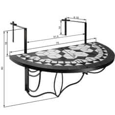 tectake Zložljiva viseča balkonska miza s kamnitim mozaikom 75 x 65 x 62 cm Črna/bela