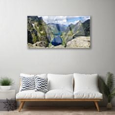 tulup.si Slika na akrilnem steklu Mountain lake valley peaks 100x50 cm 2 obešalnika