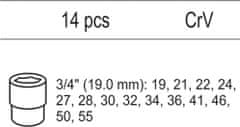 YATO  Vložek za vtičnico - komplet nasadnih ključev 3/4", 19-55mm, 14ks