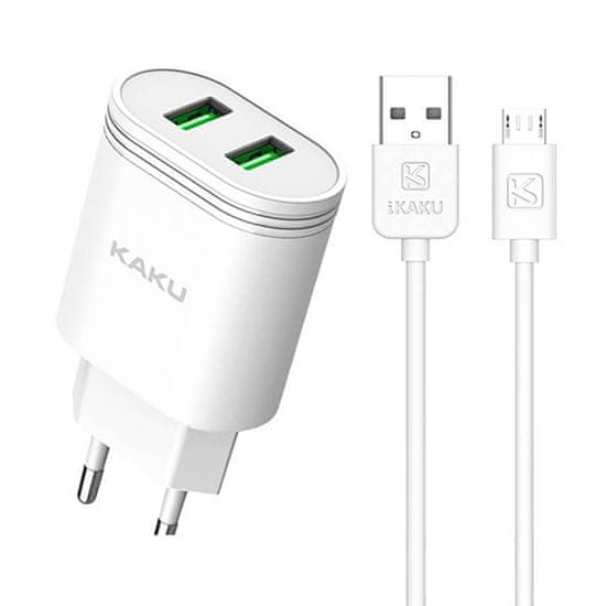 Kaku Charger polnilnik 2x USB 12W 2.4A + Micro USB kabel 1m, bela