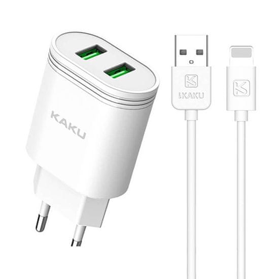 Kaku Charger polnilnik 2x USB 12W 2.4A + Lightning kabel 1m, bela