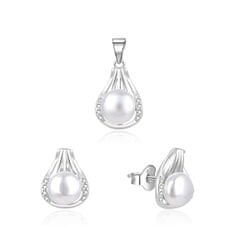 Beneto Eleganten komplet srebrnega nakita s pravimi biseri AGSET271PL (obesek, uhani)