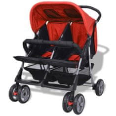 Vidaxl Dvojni otroški voziček jeklo rdeč in črn