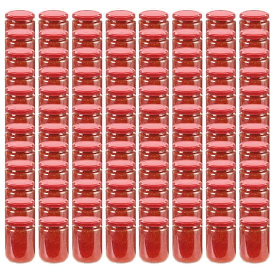 Greatstore Stekleni kozarci z rdečimi pokrovi 96 kosov 230 ml