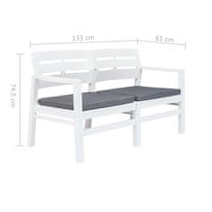 Vidaxl Dvosedna vrtna klop z blazinami 133 cm plastika bela