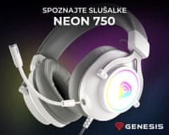 Genesis NEON 750 gaming slušalke z mikrofonom, Stereo 2.0, RGB LED osvetlitev, pleten USB kabel, bele