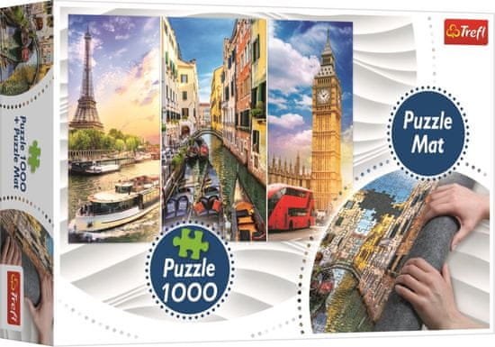 Trefl Puzzle kolaž mest Pariz-Benetke-London 1000 kosov + Puzzle podloga