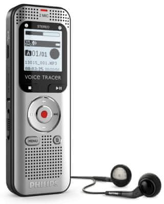 sodoben diktafon philips voicetracer dvt2010 izhod za slušalke napajanje baterije do 40 h notranji pomnilnik 8 gb lcd zaslon microsd reža plug and play povezava z računalnikom priložen usb kabel