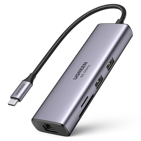 Ugreen CM512 HUB adapter USB-C - 2x USB 3.2 / HDMI 4K / SD TF / USB-C PD 100W / RJ45, siva