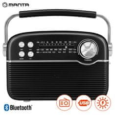 Manta RDI916 solarni radijski sprejemnik, Radio FM/AW/SW, Bluetooth 5.0, USB / AUX-in / Micro SD, vgrajena baterija + SOLARNO napajanje, Retro