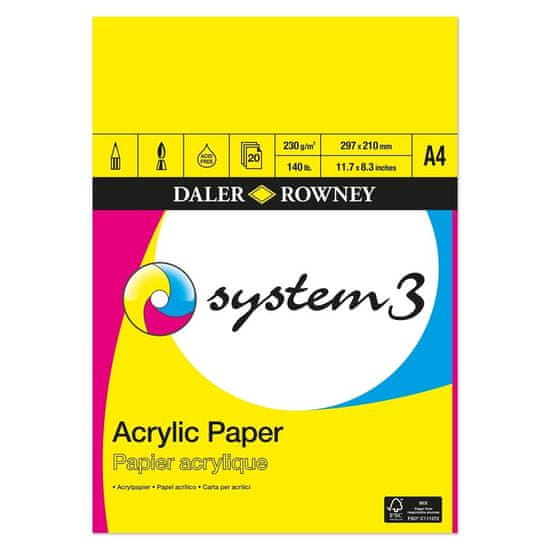 Daler Rowney Blok za akrile System3, A4, 230 g, 20 listni