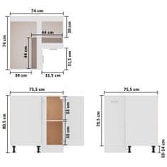 Vidaxl Kotna spodnja omarica visok sijaj bela 75,5x75,5x80,5 cm