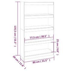 Vidaxl Knjižna omara/pregrada siva 80x30x135,5 cm trdna borovina