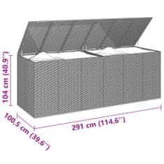 Vidaxl Vrtna škatla za blazine PE ratan 291x100,5x104 cm siva