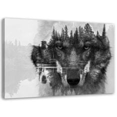 shumee Slika na platnu, Črni volk na ozadju abstrakcije gozda in jezera - 100x70