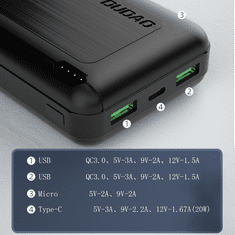 PRO Powerbank 20000mAh Power Delivery 20W Quick Charge 3.0 2x USB USB-C črna