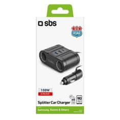 SBS Splitter avtopolnilec, 2x USB-A, USB-C, 100W, črn - odprta embalaža