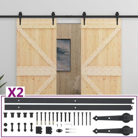 Vidaxl Drsna vrata s kompletom vodil 90x210 cm trdna borovina