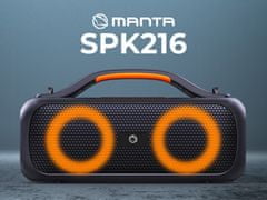 Manta Boombox SPK216 zvočnik, Bluetooth, 40W RMS, polnilna baterija, RGB LED, IPX5, USB, AUX, črn