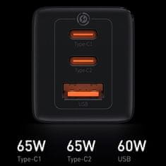 BASEUS GaN3 omrežni polnilnik 2x USB-C / USB 65W PD QC + kabel USB-C / USB-C 1m, črna