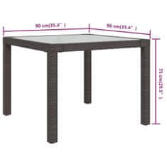 Vidaxl Vrtna miza 90x90x75 cm kaljeno steklo in poli ratan rjava