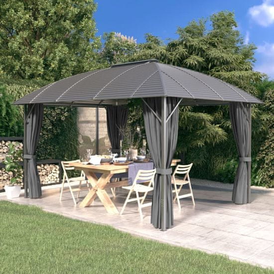 Vidaxl Gazebo z zavesami in obokano streho, 3x4 m, antracit