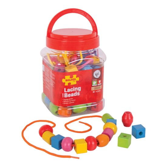 Bigjigs Toys Lesene kroglice za nizanje v škatli