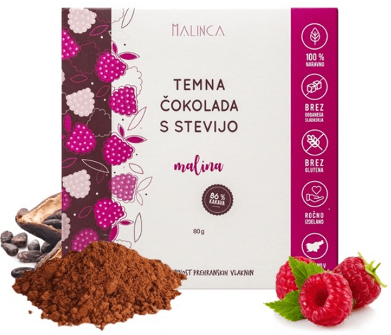 MALINCA Temna čokolada s stevijo - malina 80g