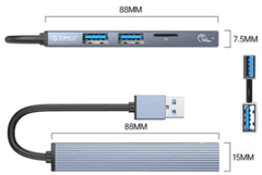 Orico AH-A12F USB hub s 4 vhodi, 1x USB 3.0, 2x USB 2.0, TF, microSD, 0,15m, aluminij, siv (AH-A12F-GY-BP)