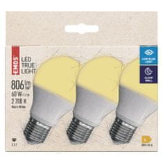 Emos True Light LED žarnica, 7,2 W, E27, topla bela, 3 kosi