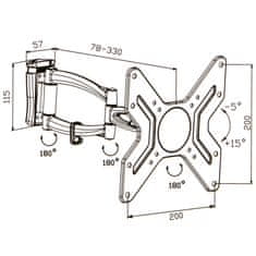 tectake Stenski TV-nosilec za velikosti 14–37″ (36–94 cm), ki se ga lahko nagiba in vrti, 2 kraka