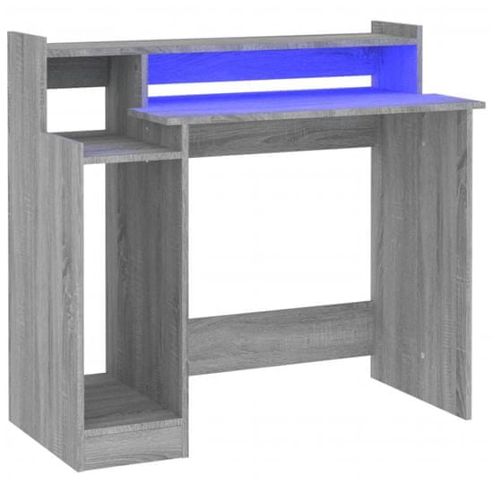 Vidaxl Pisalna miza z LED lučmi siva sonoma 97x45x90 cm konst. les