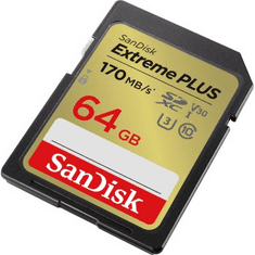 SanDisk Extreme PLUS 64 GB SDXC pomnilniška kartica 170 MB/s in 80 MB/s, UHS-I, razred 10, U3, V30