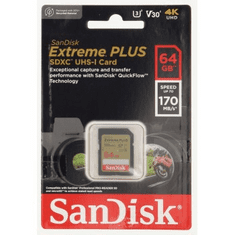 SanDisk Extreme PLUS 64 GB SDXC pomnilniška kartica 170 MB/s in 80 MB/s, UHS-I, razred 10, U3, V30