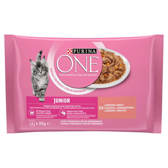 Purina ONE Junior mini vrečke za mačke, mini fileji z lososom in korenjem v soku, 48 x 85 g