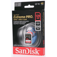 SanDisk Spominska kartica Extreme PRO 128 GB SDXC 200 MB/s in 90 MB/s, UHS-I, razred 10, U3, V30