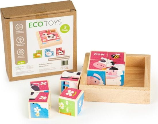 EcoToys Lesene kocke Živali, 8 kock