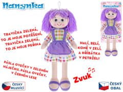 Lutka Nanynka vijolična 50 cm mehko telo na baterije češko govorjenje in petje